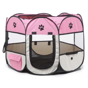 Foldable pink pet playpen with breathable mesh windows, convenient side pockets and secure zip door.