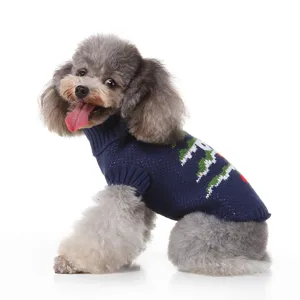 Pull pour chien douillet en bleu marine avec motif de renne de Noël, col roulé chaud.