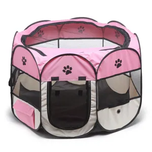Foldable octagonal pet playpen tent with breathable mesh windows for dogs and cats daily use.