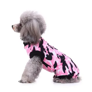 Pink camo pet recovery suit for dogs, comfortable surgical wear for postoperative care use.