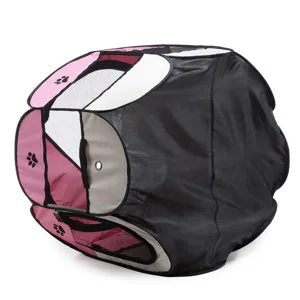 Foldable pet tent detail view, breathable mesh portable puppy playpen in black and pink design.