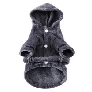 Soft grey plush pet bathrobe with hood and white snap buttons for dogs and cats