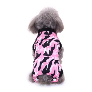 Pink camo pet recovery suit for dogs, breathable surgical onesie for small dogs and pets.