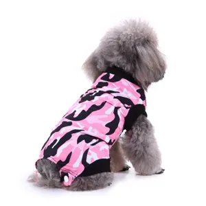 Pink camo pet recovery suit detail showing breathable fabric, black ribbing, and snap buttons.