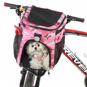 Borsa da bicicletta mimetica rosa per cani di piccola taglia, trasportino da manubrio.