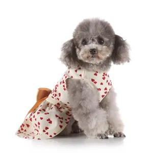 Cute pet dog summer dress with red hearts print and bow detail, comfortable pet apparel detail.