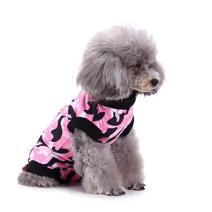Detail shot of a cute pet surgery recovery suit featuring pink camouflage pattern and comfy fit.