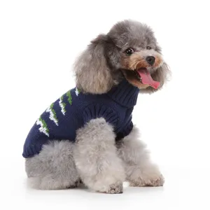 Pull d'hiver pour chien vue détaillée, vêtements pour animaux en tricot col roulé bleu.
