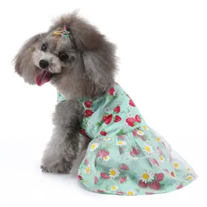 Jolie robe d'été pour animal avec imprimé fraise et marguerite, jupe en filet respirante.