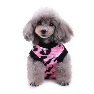 Pink camouflage pet surgery recovery suit for dogs, comfortable post-operative wear.