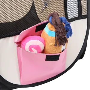 Foldable pet tent detail view with storage pocket and toys, durable mesh design for dogs cats.