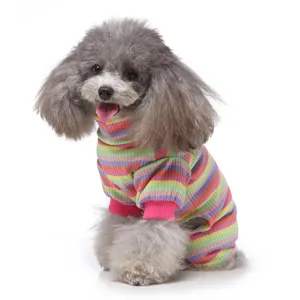 Detailansicht des gestreiften Rollkragenpullovers für Haustiere, bunte Strickware.