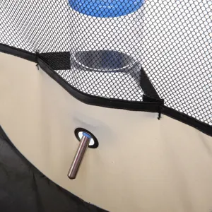 Detailed view of pet tent water dispenser accessory, featuring mesh fabric and stainless steel nozzle.