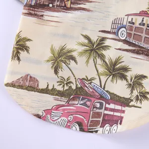 Detail eines tropischen Hawaii-Strandmusters auf einem Haustier-Sommerhemd mit Autos