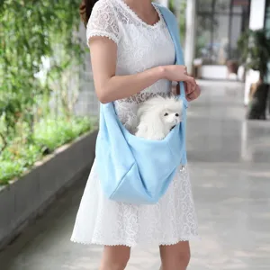 Detailed view of a blue pet sling bag worn by a model carrying a small white dog outdoors.