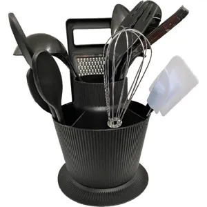 Juego de Utensilios de Cocina Negro Moderno Minimalista de PP y Acero Inoxidable Con Batidor Rallador Cuchara para Ensalada y Base Giratoria Herramientas para Hornear