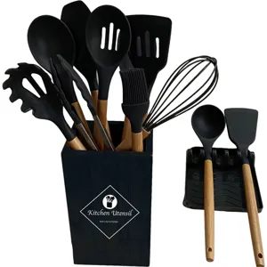 Silicone kitchen utensils set 13 pieces with wooden handles heat resistant cooking tools main