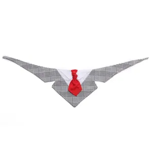 Stijlvolle houndstooth hondenbandana met pak kraag en rode das voor feestelijke jurk.