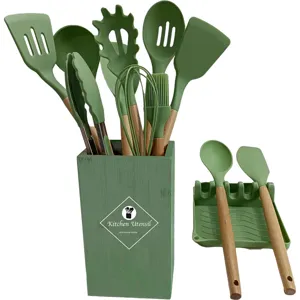Green silicone kitchen utensil set with wooden handles, 13 pieces cooking tools with holder.