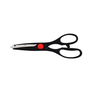 Multifunctional stainless steel kitchen scissors with black handles and a red pivot point.