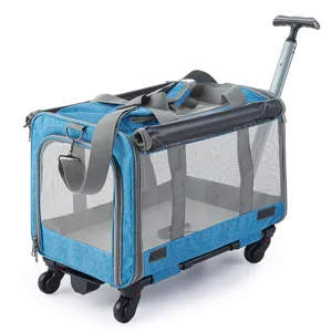 Foldable Pet Trolley Case Oxford Fabric Breathable Mesh Dog Cat Travel Carrier Bag With Wheels Rolling Backpack Luggage Carrier