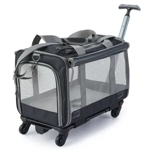 Foldable pet trolley carrier travel bag with wheels and breathable mesh for dogs and cats.