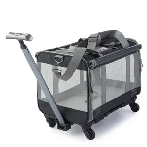 Foldable pet trolley bag with wheels and mesh, ideal for outdoor travel, cats and dogs.