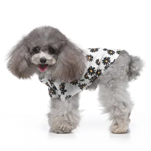 Detailansicht eines grauen Pudels in einem weißen Hundeshirt mit Gänseblümchen für den Sommer