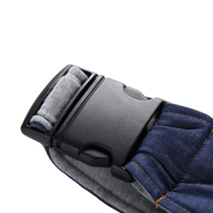 Breathable pet carrier backpack adjustable strap detail, durable black plastic buckle and denim.