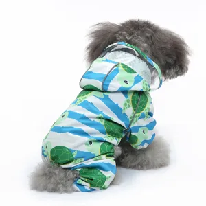 Imperméable pour chien à quatre pattes avec capuche transparente et motif de tortue.