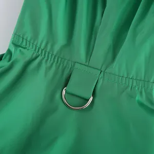 Vue de detail d'impermeable pour chien vert impermeable avec anneau en D en metal pour animaux
