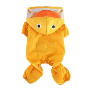 Joli imperméable jaune à quatre pattes pour chien avec bord transparent et capuche canard.