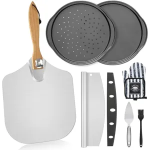 Pala per Pizza in Acciaio Inossidabile Con Manico in Legno Teglie per Pizza Taglierina a Mezzaluna Spazzola in Silicone Guanto Termico Utensili da Cucina Accessori da Forno