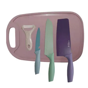Wheat straw kitchen knife set with cutting board, 5-piece stainless steel tool kit for cooking.