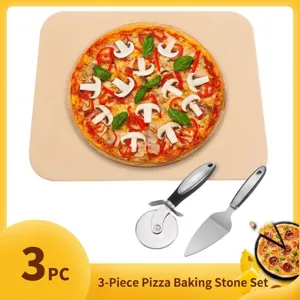 3-teiliges quadratisches Cordierit Pizzastein Backset mit Pizzaschneider und Heber.