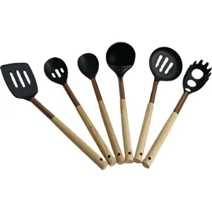 Wooden handle kitchen utensil set with heat-resistant nylon heads, 6-piece cooking tool collection.