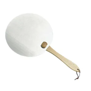 Close-up detail of the stainless steel blade and wooden handle of a pizza peel