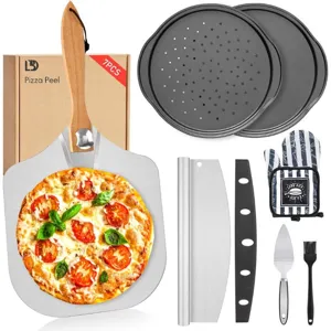 Set completo da 7 pezzi per pizza con pala, tagliapizza, teglie e guanto termico
