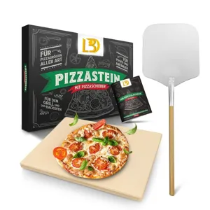Dettaglio del set pietra per pizza in cordierite con pala in alluminio a manico lungo