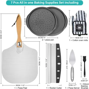 Diagramma dimensionale completo del set da forno per pizza da 7 pezzi con pala, teglie e utensili