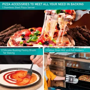 Primo piano degli accessori per pizza: pala, pennello in silicone e guanti da forno.