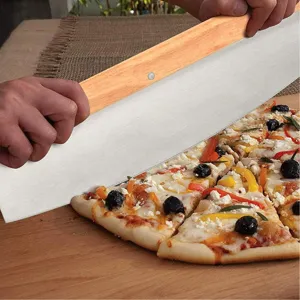 Stainless steel pizza rocker cutter with wooden handles for slicing pizza pies and dough easily.