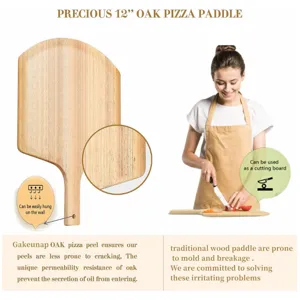 12 inch oak pizza paddle and wooden cutting board with long handle and hanging hole for kitchen.