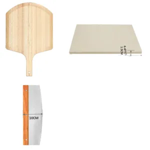 Wooden pizza peel, cordierite pizza baking stone and metal cutter set for home baking.