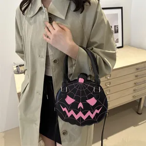 Creative Pumpkin Shaped Handbag PU Leather Halloween Crossbody Bag Women Funny Spider Web Shoulder Bag Festive Party Purse