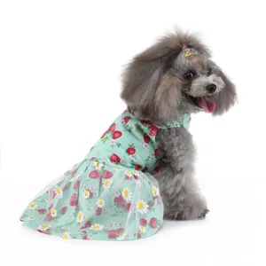 Jolie robe fraise et fleurs pour petit animal de compagnie chiot été respirante vert menthe