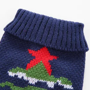 Gros plan du pull tricoté bleu pour animal avec étoile rouge et motif de sapin de Noël.