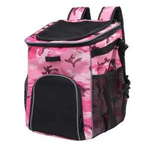 Vista dettagliata dello zaino porta animali mimetico rosa con finestre a rete.