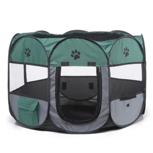 Detailed view of the foldable pet playpen featuring breathable mesh windows and zipper door.