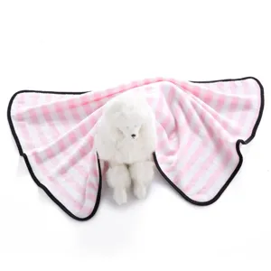 Pink and white striped pet double fleece blanket with black border for daily comfort use